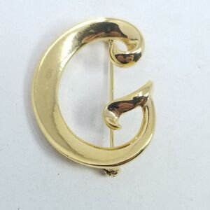 Vintage Anne Klein G Shape Brooch, Gold Tone Monogram Initial Letter Lapel Pin